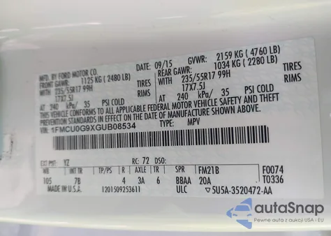 2016 Ford Escape Se from USA, damaged, VIN 1FMCU0G9XGUB08534